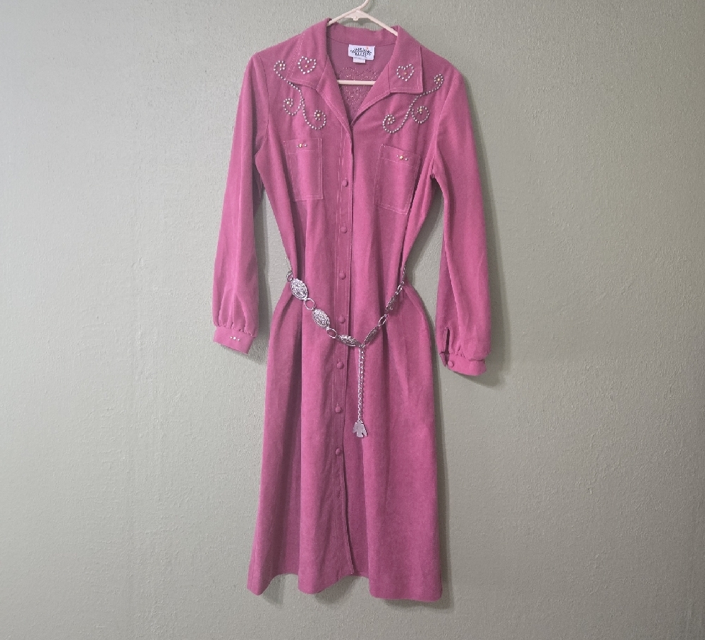 Vintage Burgundy Embellished Long Sleeve Dress With Belt Size 14
